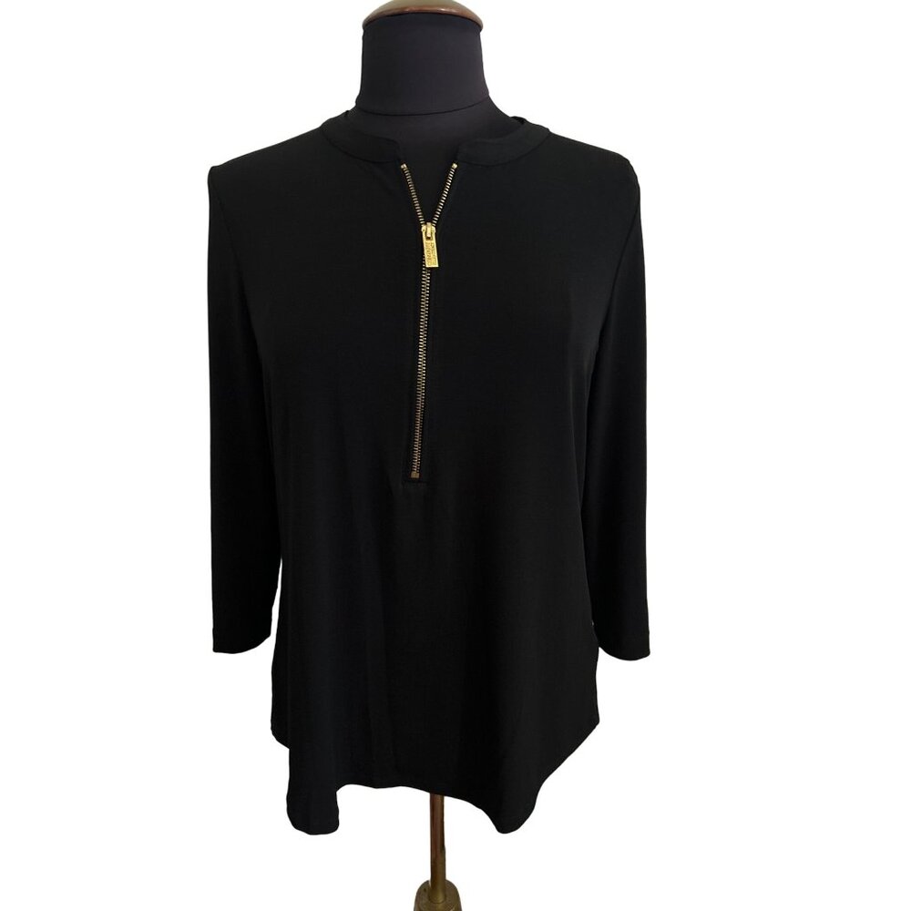 Ellen Tracy Womens Black 1/2 Zip-Front Blouse Size M Polyester/Spandex